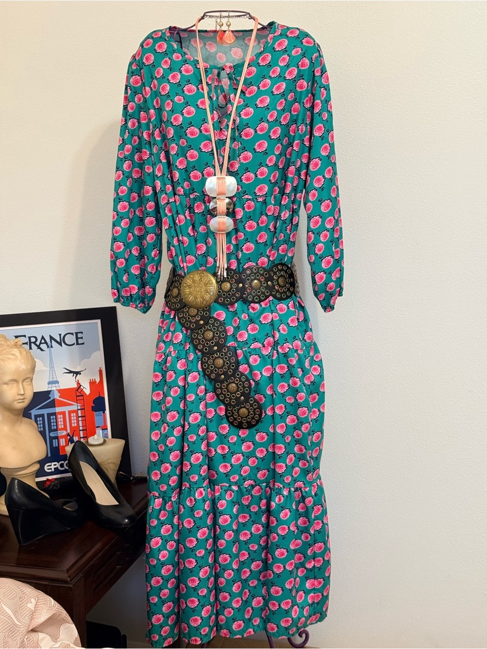 SHEIN Teal Maxi Dress with Pink Floral Print
